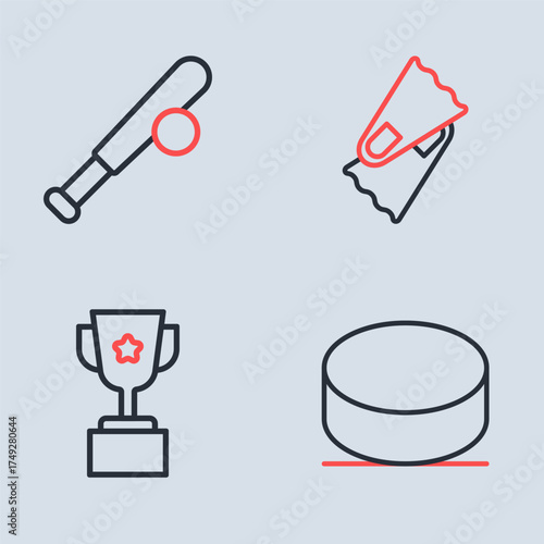 Set line Flippers for swimming, Award cup, Hockey puck and Baseball bat with ball icon. Vector