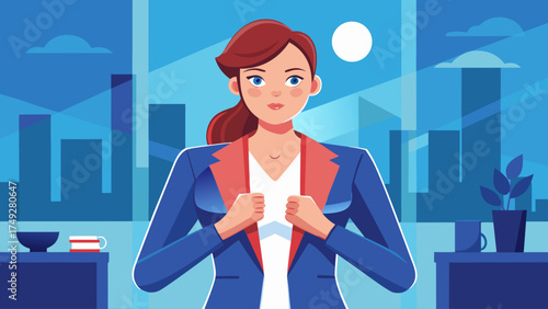 A woman in a blue suit is opening her jacket to reveal a white shirt. Concept of confidence and empowerment, as the woman is proudly showing off her professional attire