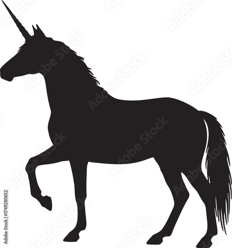 Black Silhouette of Unicorn Horse in Standing Pose on White Background