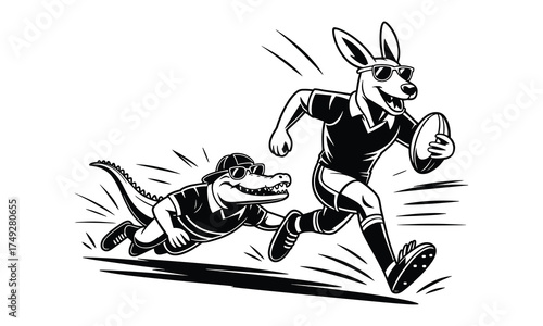 Cartoon Kangaroo and Alligator Playing Rugby on White Background sport game