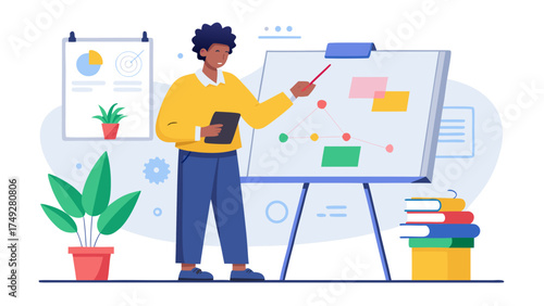 A man is standing in front of a white board with a red marker. He is teaching something to someone