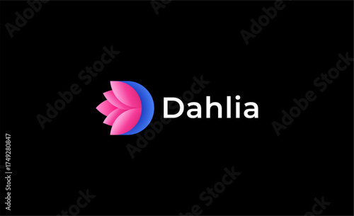 Colourful Gradient Logo Lotus or Tulip Flower With Letter D. Nature, Feminine and Beauty with Gradient Colourful Creative Template. Modern and Minimalist Concept