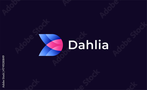 Colourful Gradient Logo Lotus or Tulip Flower With Letter D. Nature, Feminine and Beauty with Gradient Colourful Creative Template. Modern and Minimalist Concept