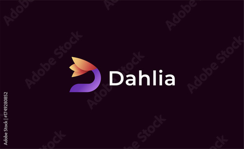 Colourful Gradient Logo Lotus or Tulip Flower With Letter D. Nature, Feminine and Beauty with Gradient Colourful Creative Template. Modern and Minimalist Concept