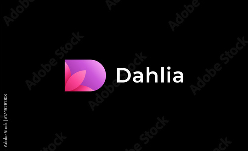 Colourful Gradient Logo Lotus or Tulip Flower With Letter D. Nature, Feminine and Beauty with Gradient Colourful Creative Template. Modern and Minimalist Concept