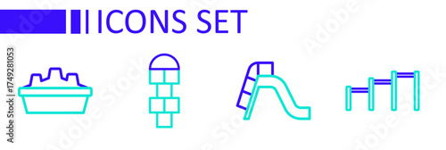 Set line Sport horizontal bar, Slide playground, Hopscotch and Sandbox with sand icon. Vector