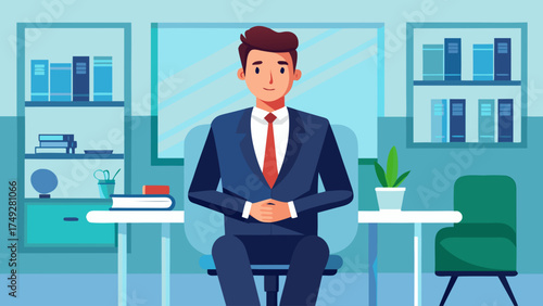 A man in a suit is sitting at a desk in a room with a potted plant. The room is filled with bookshelves and a chair. The man is in a professional setting, possibly working or attending a meeting