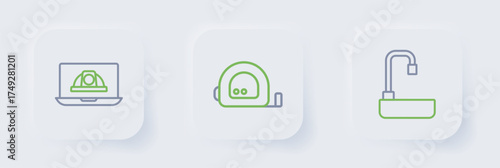 Set line Washbasin, Roulette construction and Worker safety helmet icon. Vector