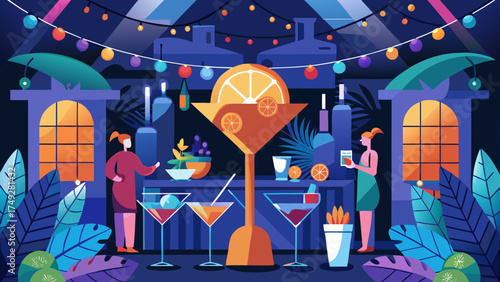 A colorful scene of a bar with a woman holding a drink. The bar is decorated with a lot of plants and has a tropical theme