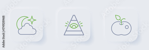Set line Poison apple, All-seeing eye of God and Moon and stars icon. Vector