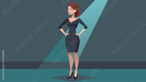 A woman in a black dress stands in front of a spotlight. She is wearing high heels and has her arms crossed. Concept of confidence and power