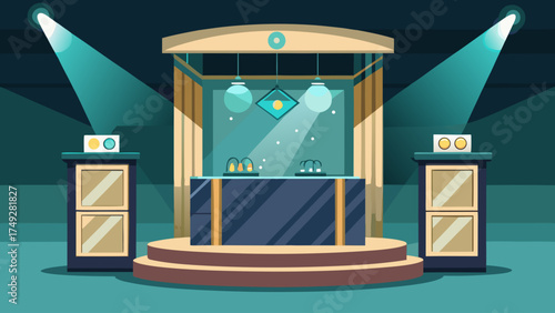 A stage with a blue backdrop and a blue lighted stage. The stage is set up for a performance