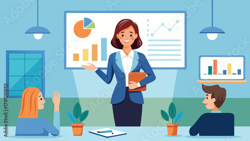A woman is giving a presentation in front of a group of people. She is smiling and holding a clipboard. The room is decorated with potted plants and a white board with graphs and charts
