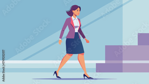 A woman in a business suit walks down a hallway. She is wearing high heels and a blue skirt
