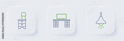 Set line Lamp hanging, Office desk and Furniture nightstand with lamp icon. Vector