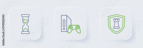 Set line Chess shield, Game console with joystick and Old hourglass icon. Vector