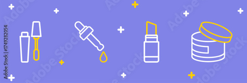 Set line Cream or lotion cosmetic tube, Lipstick, Pipette with oil and Mascara brush icon. Vector