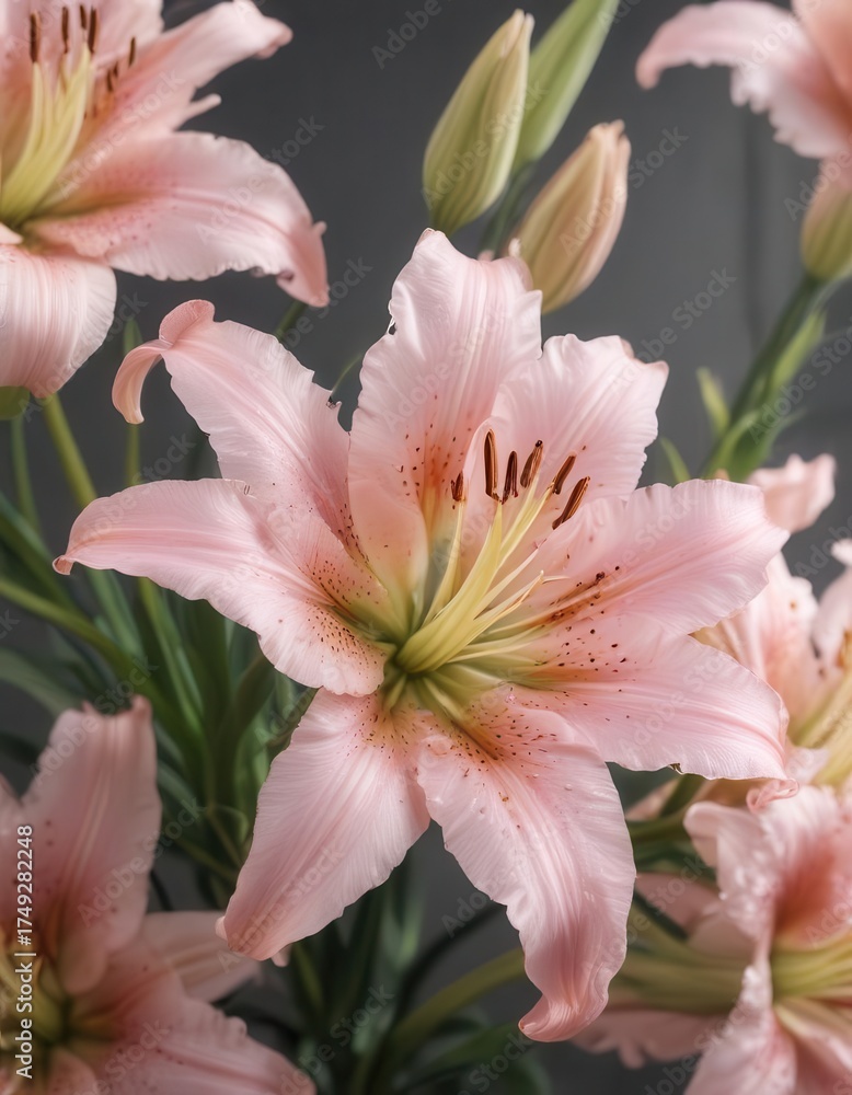 Fototapeta premium Soft pink lilies blooming, petals unfurling gracefully in natural light , soft, elegant, lilies