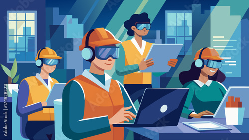 A group of people are working on a project, with one person wearing a hard hat. They are all using laptops and wearing virtual reality headsets