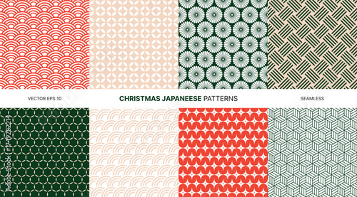 Seamless vector patterns with traditional Japanese designs in red green beige white colors perfect for Christmas themes New Year decorations wrapping textiles backgrounds elegant minimal vintage style