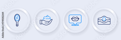 Set line Acne, Smiling lips, Shaving foam on hand and Hand mirror icon. Vector
