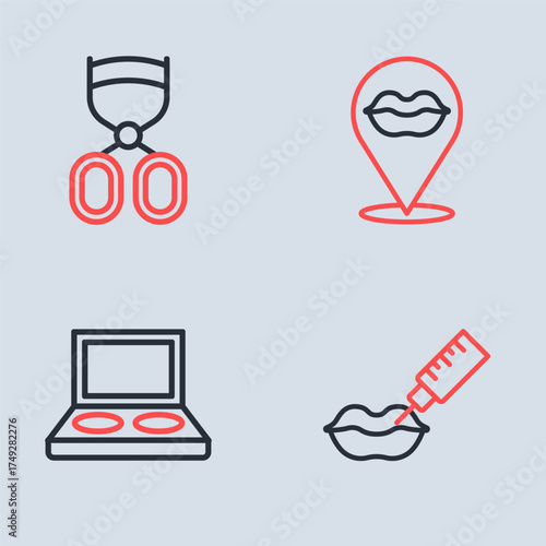 Set line Smiling lips, Eye shadow palette with brush, Lip augmentation and Eyelash curler icon. Vector