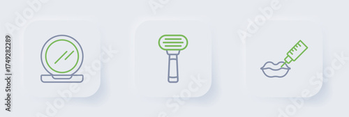 Set line Lip augmentation, Shaving razor and Makeup powder with mirror icon. Vector