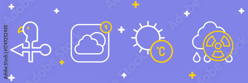 Set line Acid rain radioactive cloud, Sun, Weather forecast app and Rooster weather vane icon. Vector