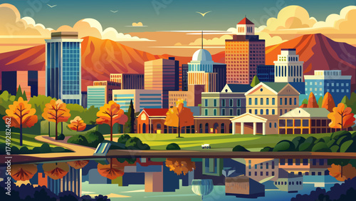 Very beautiful Lynchburg, Virginia downtown skyline, vector-style illustration emphasizing river reflections, mountain background, and warm evening light.