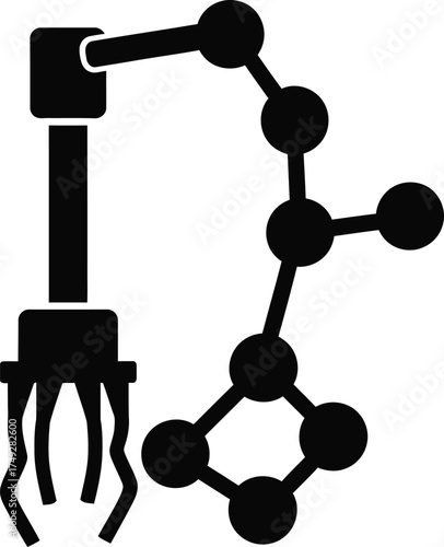 Abstract robotic arm with gripper interacting with a molecular structure or network of connected nodes