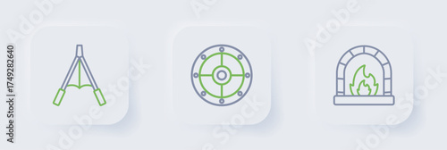Set line Blacksmith oven, Round shield and Air blower bellows icon. Vector