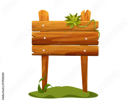 Wooden jungle forest signposts, empty board textured wood plank.Wood plank frame game signpost, farm garden or jungle pointing panel. Set menu ui design. Outdoor empty textured arrow