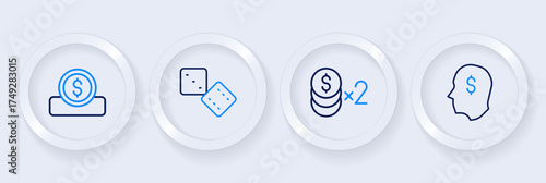 Set line Lucky player, Casino chip with dollar, Game dice and Coin money icon. Vector