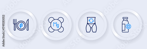 Set line Lactose intolerance, Metabolism, Magnesium and Vegan food diet icon. Vector