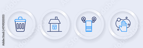 Set line Sponge, Towel hanger, House and Trash can icon. Vector