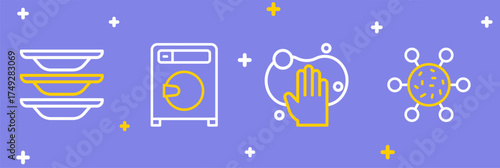 Set line Bacteria, Sponge, Washer and Washing dishes icon. Vector