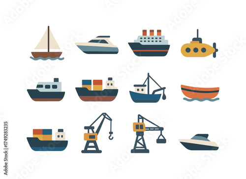 Flat nautical icons featuring boats, ships, and submarine designs