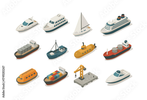 Isometric maritime transport icons set featuring diverse ships and vessels