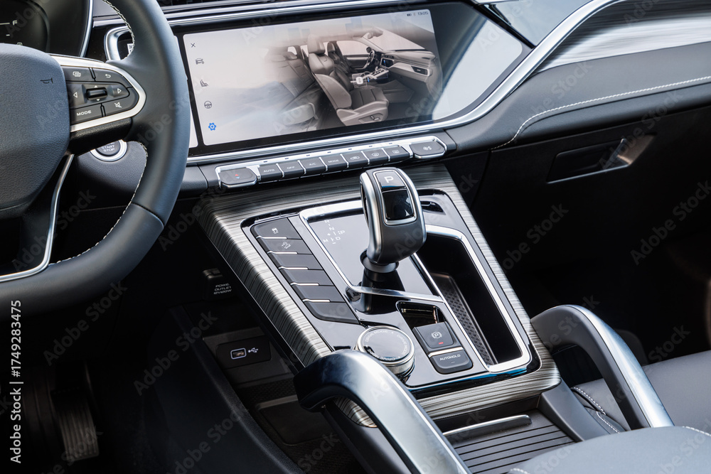 Fototapeta premium Modern car interior with digital dashboard, gear shifter and drive mode selector