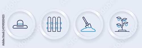 Set line Sprout, Shovel in the ground, Garden fence wooden and Farmer worker hat icon. Vector