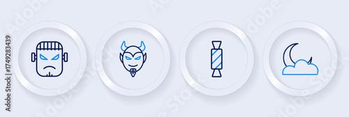 Set line Moon and stars, Candy, Devil head and Frankenstein face icon. Vector