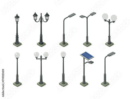 Collection of isometric street lamps with solar panel and traditional designs
