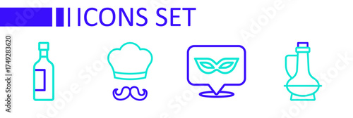 Set line Bottle of olive oil, Carnival mask, Italian cook and wine icon. Vector