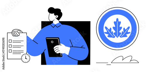 Man holding a tablet and checklist with clock in the corner, oak leaf badge symbolizing certification or eco-focus. Ideal for sustainability, eco-certification, education, responsibility