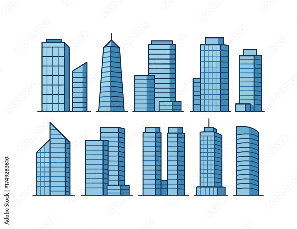Obraz premium Modern blue urban cityscape featuring diverse skyscraper designs