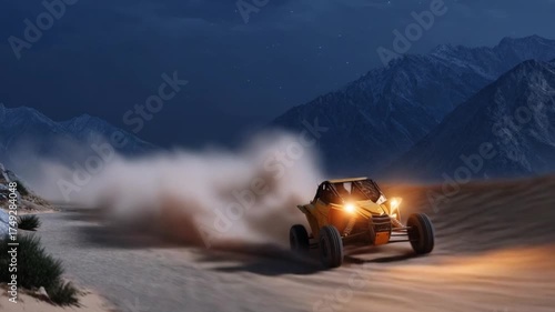 Off-road racing adventure mountain desert action photography nighttime dynamic viewpoint thrilling concept