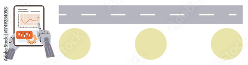 Robot hands interacting with tablet displaying data and charts, alongside road and traffic elements. Ideal for artificial intelligence, automation, analytics, transport, technology, innovation