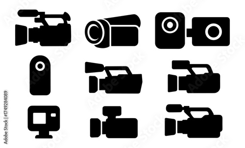 Silhouette set of camera icons: video, action, and camcorder designs