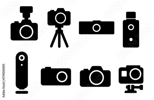 Camera icons set: modern silhouette style for digital and photography design