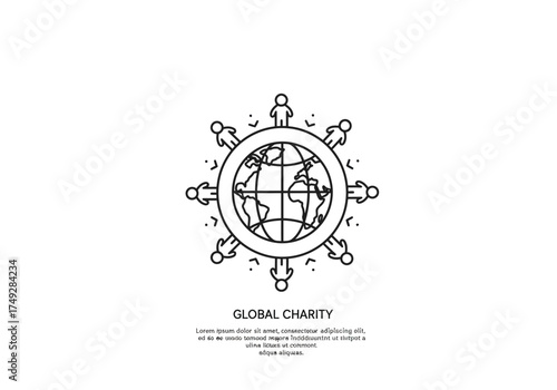A minimalist line art logo showing stylized people united in a circle around the planet Earth globe.